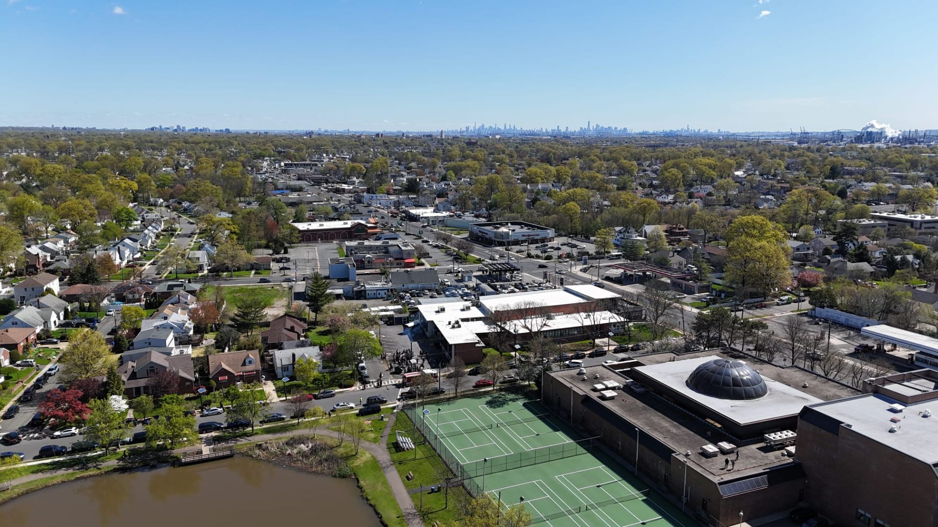 Aerial view of the Linden, NJ neighborhood at golden hour